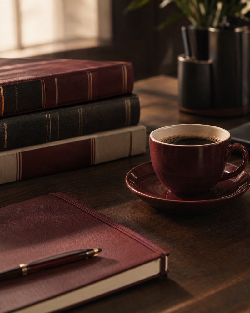 Libros de derecho y una taza de café sobre un escritorio