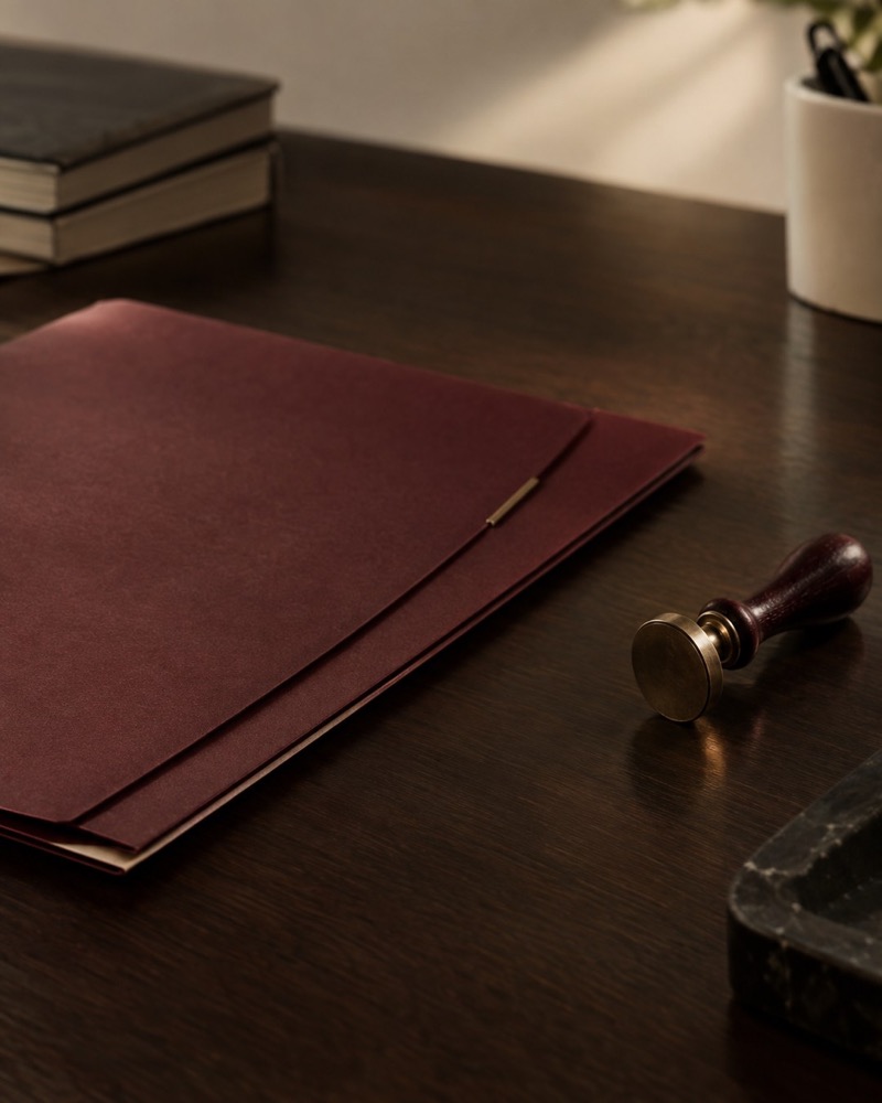 Carpeta color vino y un sello sobre un escritorio de madera