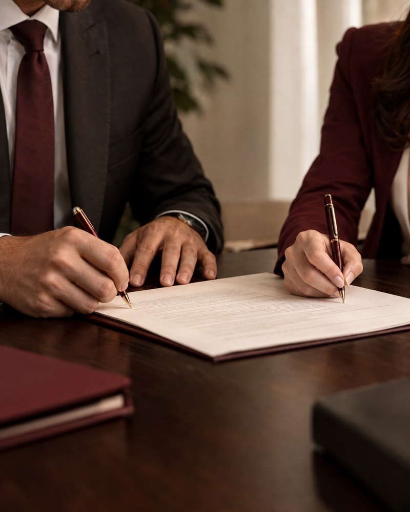 Dos personas firmando un contrato sobre una mesa