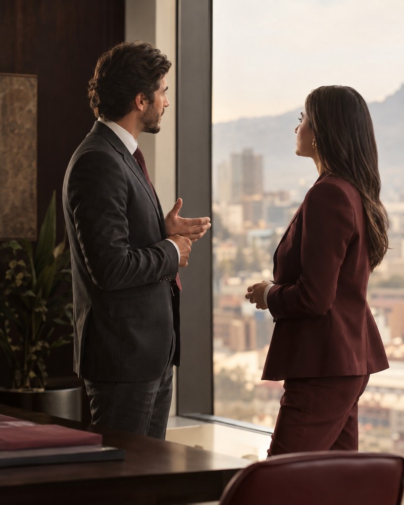 Dos profesionales conversando junto a una ventana con vista a la ciudad